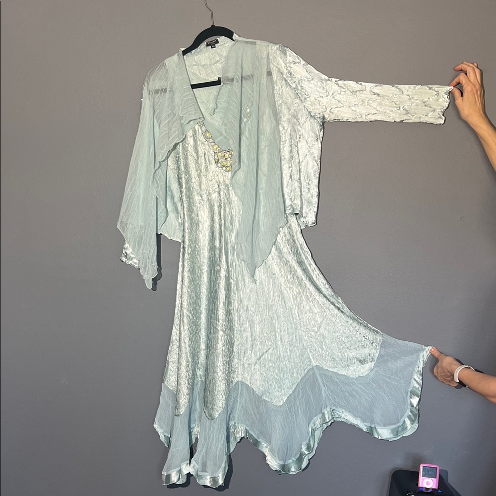 Komarov Light blue Green satin & Chiffon Midi Dress with Jacket